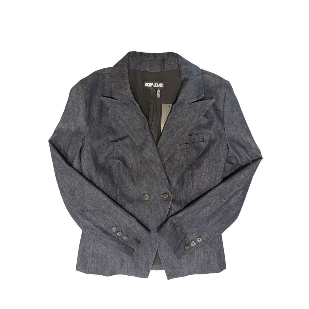 NWT DKNY Jeans Sz 4 double-breasted denim blazer peaked lapels buttoned front